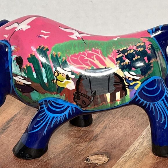 Talavera Blue Bull Steer Cow Storyteller Scene Hand Painted Mexican Folk Art - Picture 3 of 11